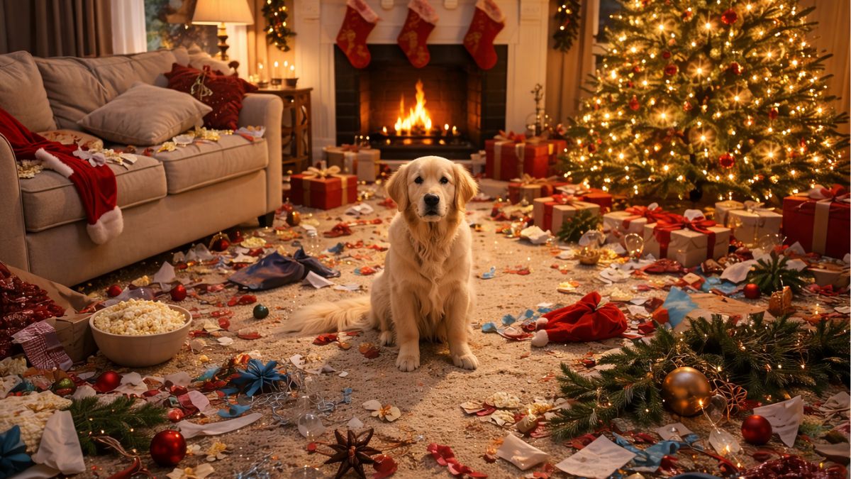 A chaotic Christmas living room with a decorated tree and a dog sitting in the middle of torn wrapping paper and scattered decorations.