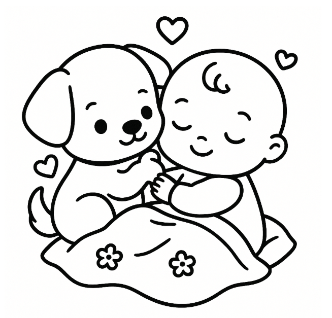 Adorable puppy illustration from toddler coloring book – simple shapes and no background distractions
