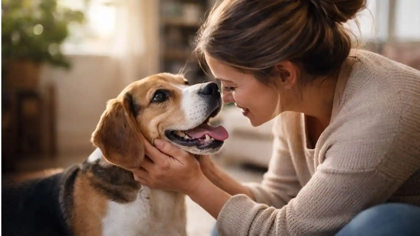 A dog looking calmly at his owner after an accident, showing trust and forgiveness as he reads her gentle apologetic tone of voice