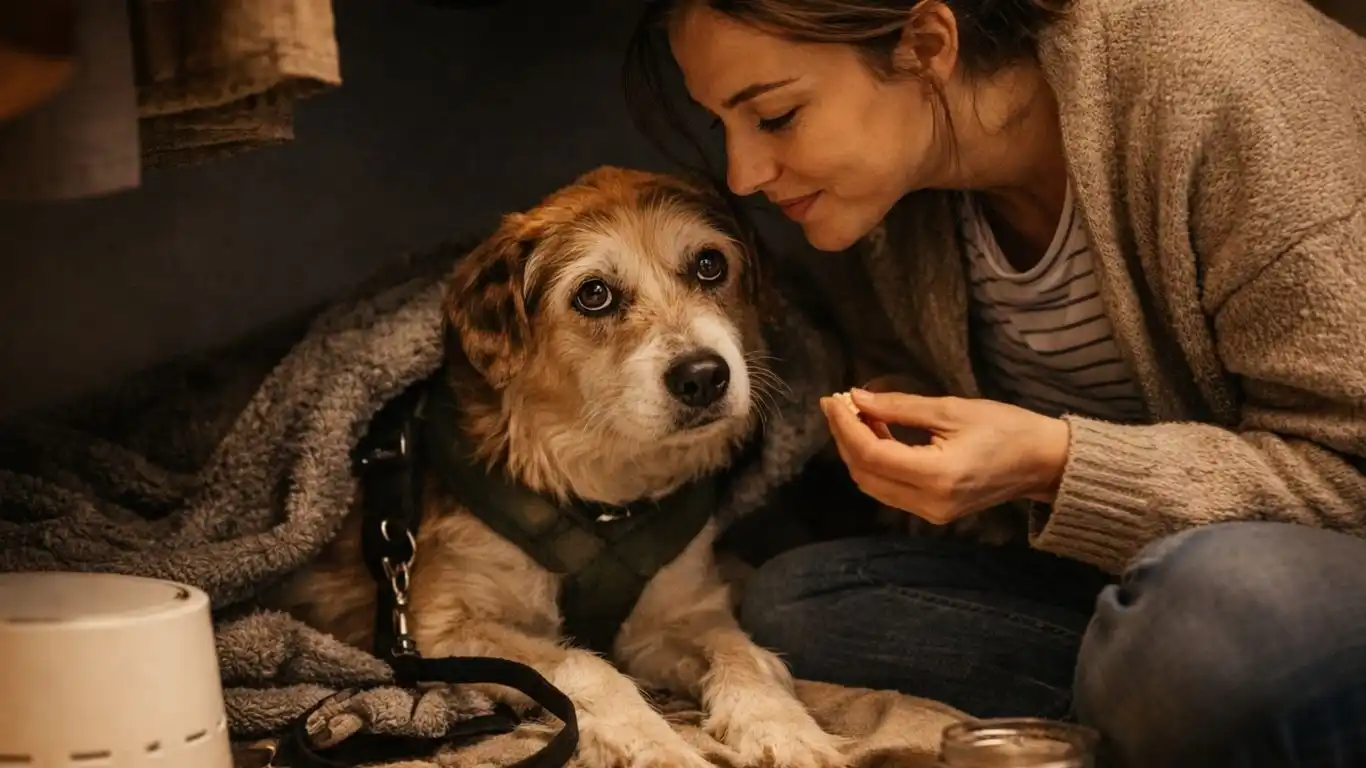 Dog owner comforting anxious dog during New Year's Eve fireworks